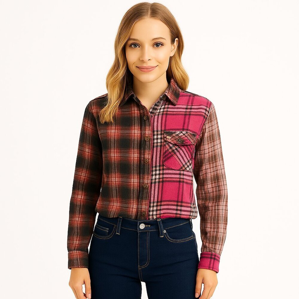 pilcro red/pink plaid funky button down blouse. lagenlook quirky patchwork fall